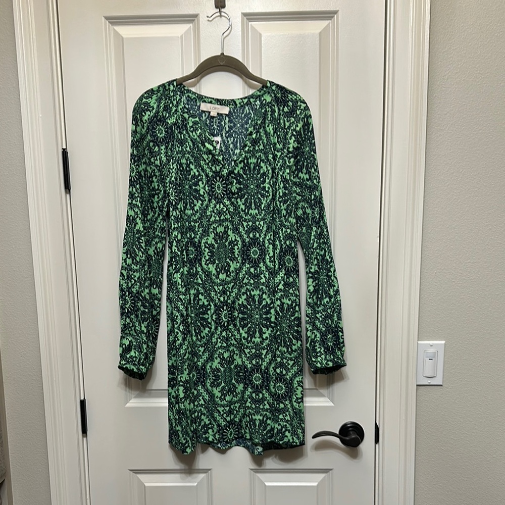 LOFT Green Sheath Dress with Bishop Sleeves